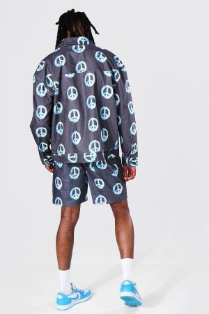 Oversized All Over Peace Print Denim Jacket