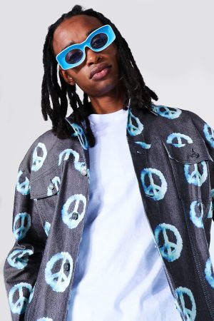 Oversized All Over Peace Print Denim Jacket