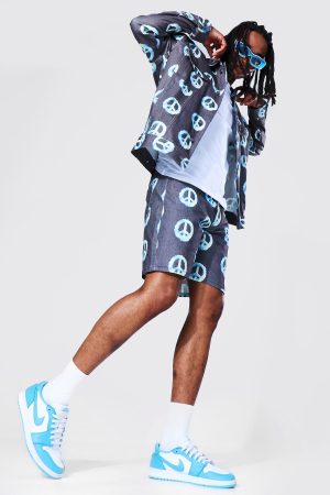 Oversized All Over Peace Print Denim Jacket