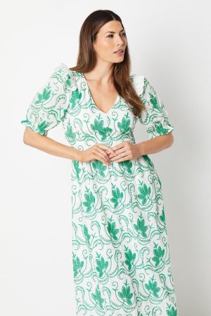 Contrast Embroidery V Neck Midi Tea Dress