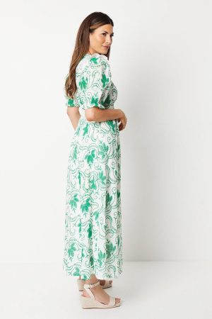 Contrast Embroidery V Neck Midi Tea Dress