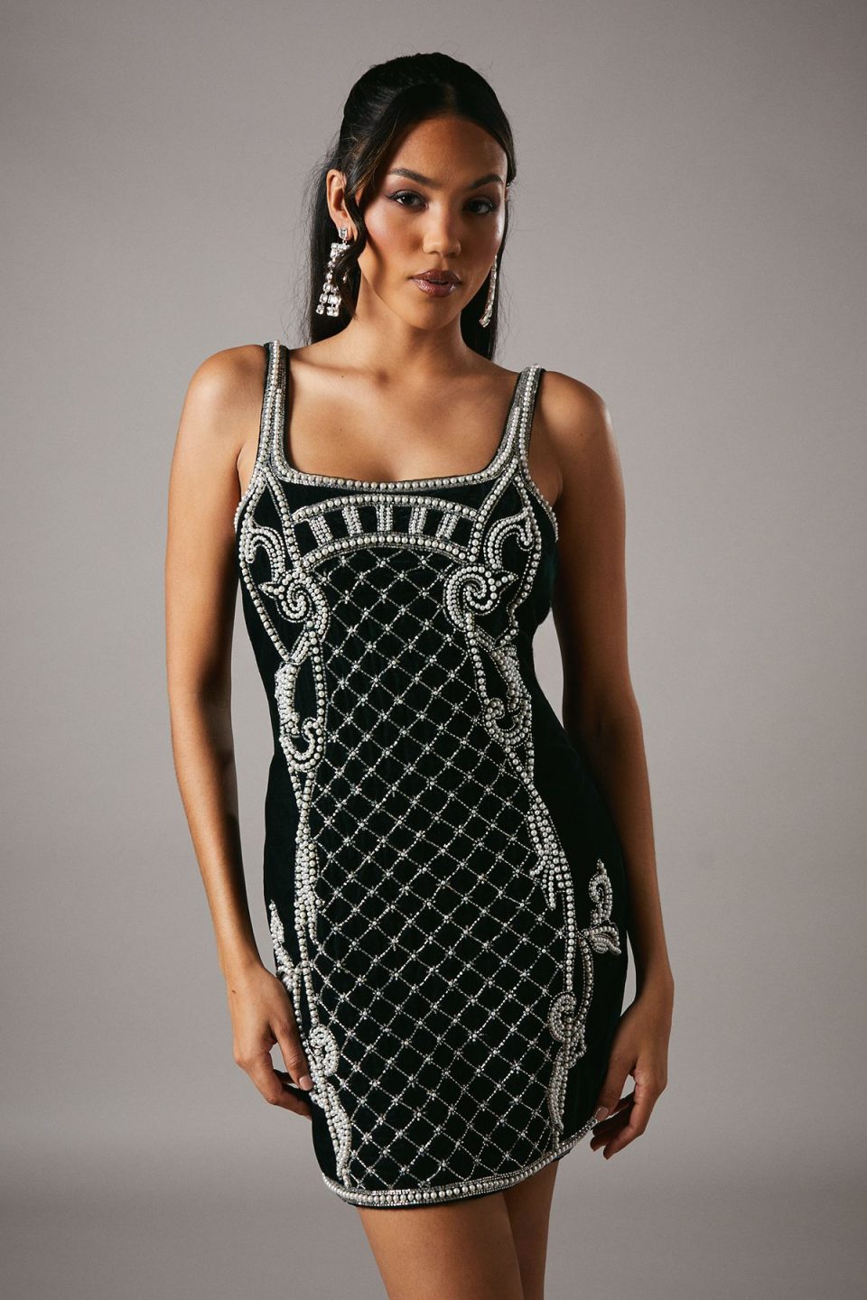 Green Velvet Pearl Mini Party Dress