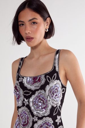 Beaded Flower Sequin Mini Dress