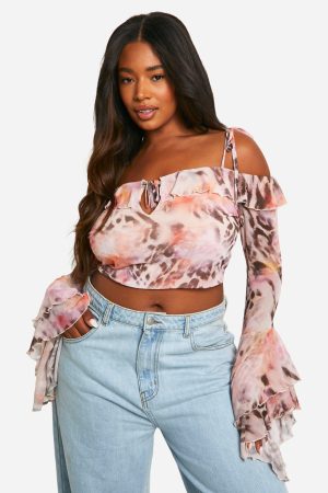 Plus Leopard Mesh Ruffle Top