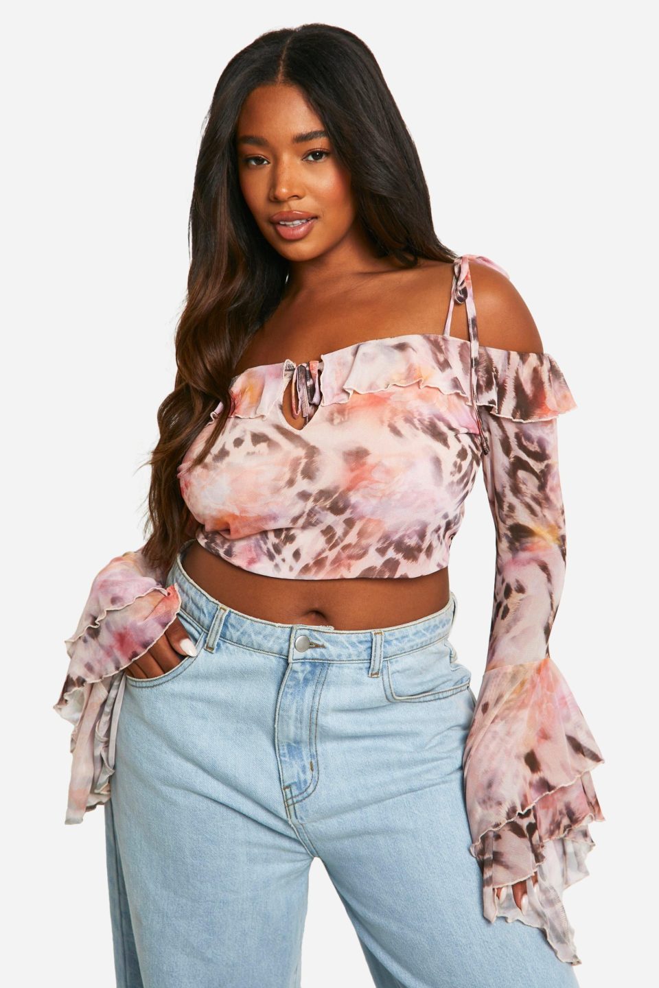 Plus Leopard Mesh Ruffle Top