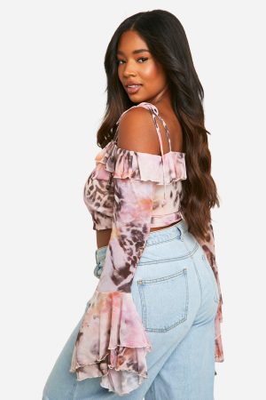 Plus Leopard Mesh Ruffle Top