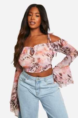 Plus Leopard Mesh Ruffle Top
