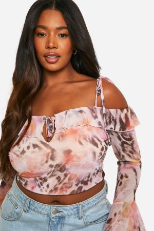 Plus Leopard Mesh Ruffle Top