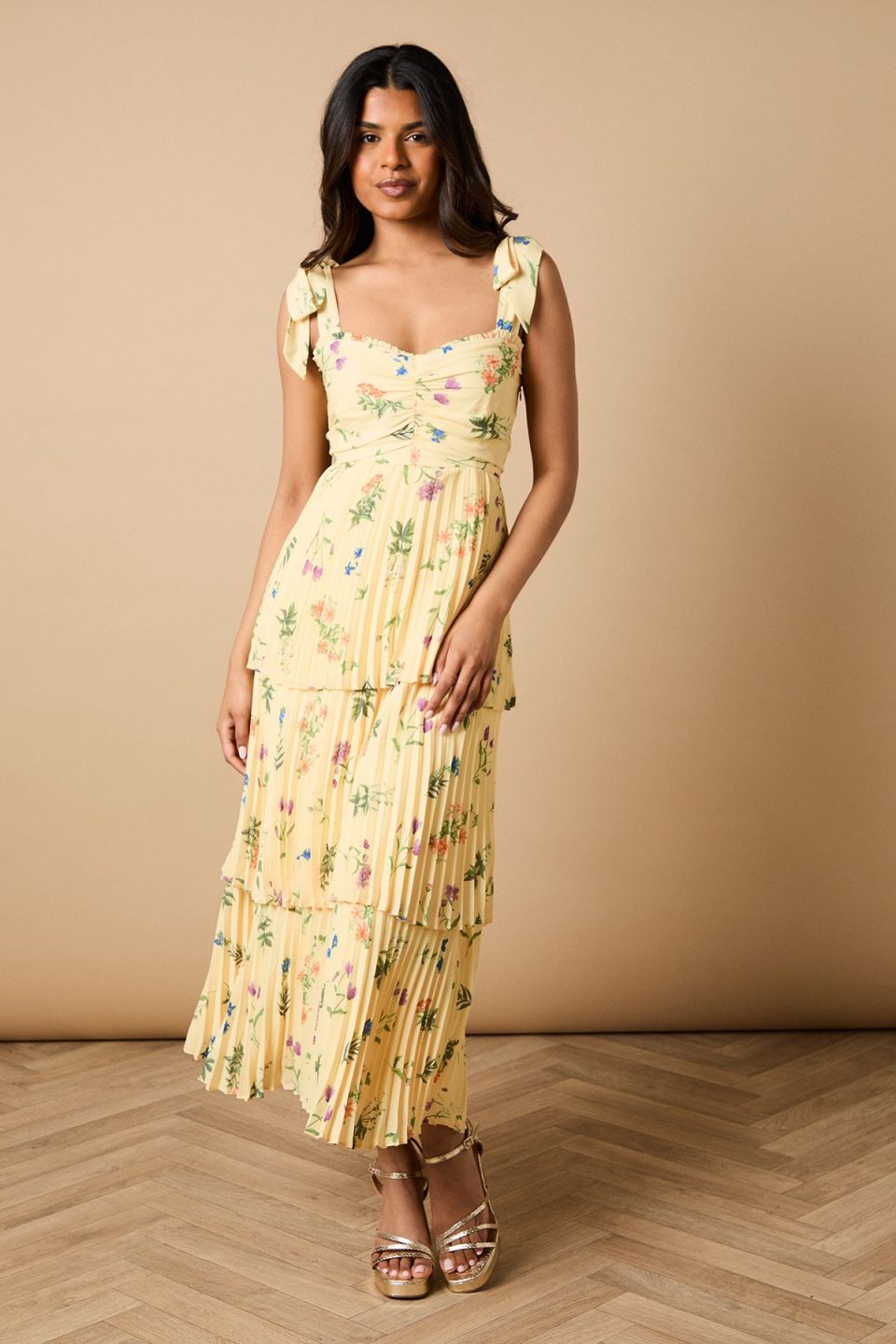 Petite Floral Pleated Tie Shoulder Midi Dress