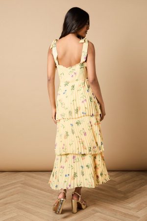 Petite Floral Pleated Tie Shoulder Midi Dress
