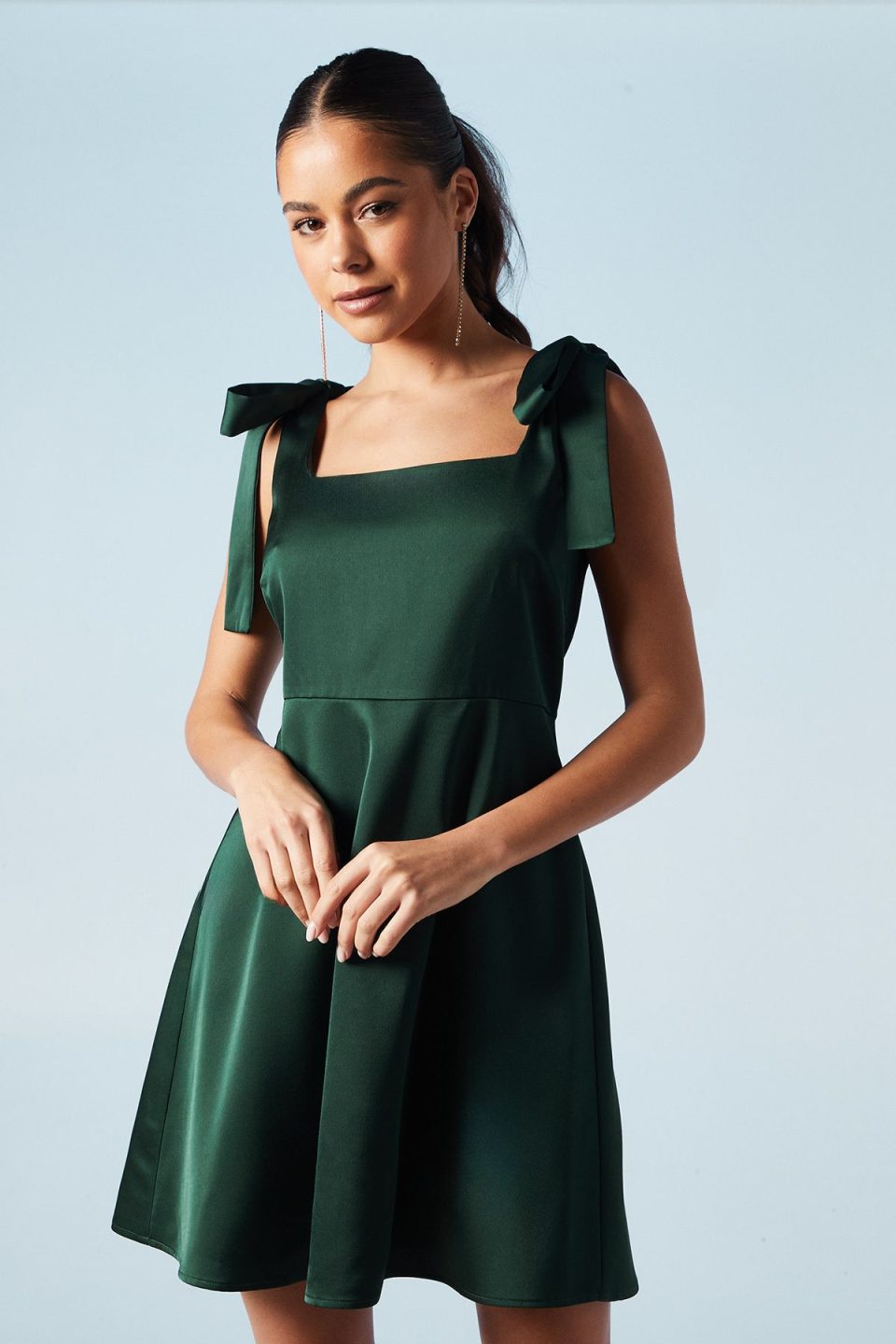 Tie Shoulder Satin Bridesmaids Mini Dress