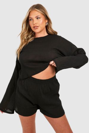 Plus Flare Sleeve And Button Front Loungewear Short Set