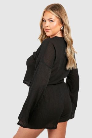 Plus Flare Sleeve And Button Front Loungewear Short Set