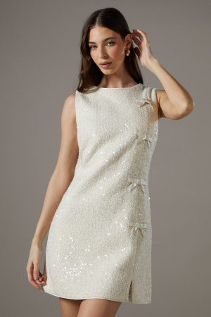 Sequin Boucle Shift Dress With Bows