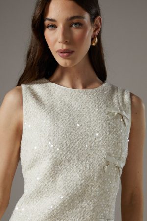 Sequin Boucle Shift Dress With Bows