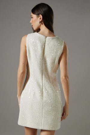 Sequin Boucle Shift Dress With Bows