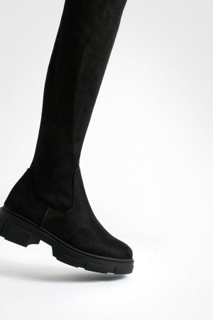 Wide Fit Faux Suede Stretch Knee High Boots