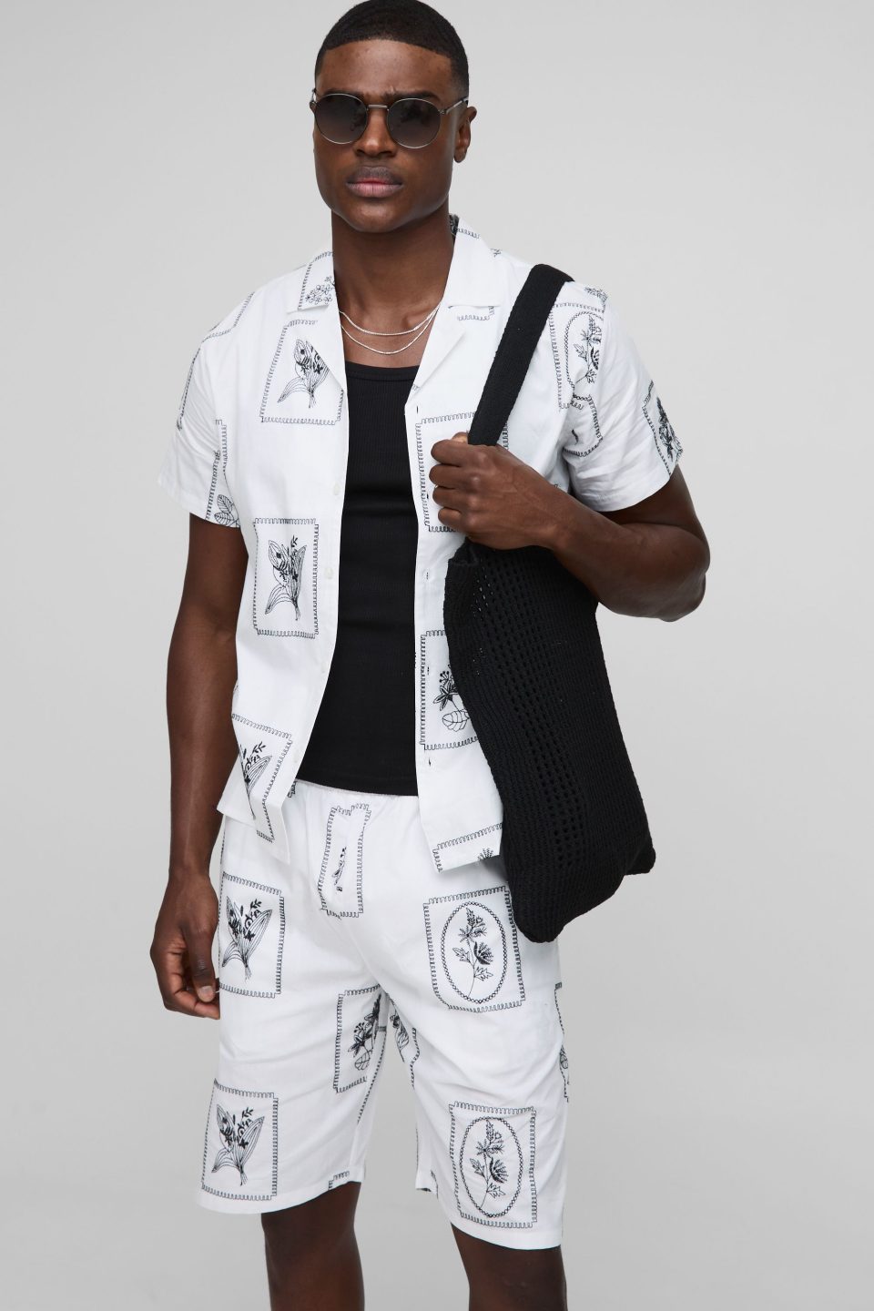Regular Fit Embroidered Poplin Revere Shirt & Relaxed Short Set