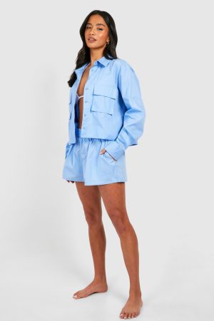 Petite Cargo Pocket Cotton Beach Shirt