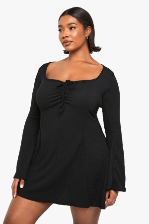 Plus Textured Ruched Bust Skater Dress