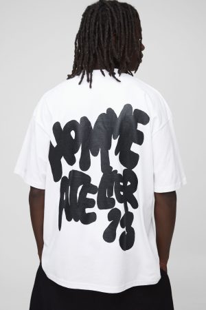 White Oversized Extended Neck Graffiti Homme Atelier Printed T-Shirt