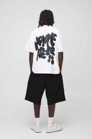 White Oversized Extended Neck Graffiti Homme Atelier Printed T-Shirt