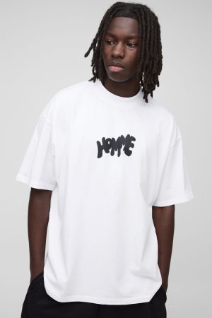 White Oversized Extended Neck Graffiti Homme Atelier Printed T-Shirt