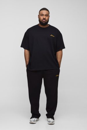 Plus Regular Fit L’Homme Embroidered T-Shirt & Split Hem Jogger Tracksuit