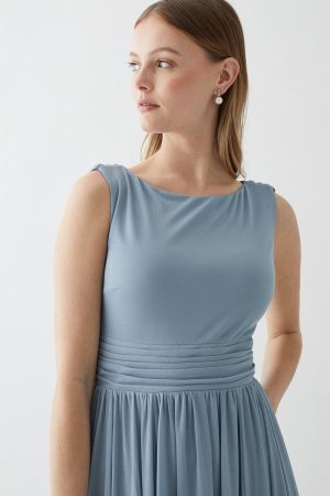 Cowl Back Stretch Mesh Full Skirted Bridesmaid Maxi Dress