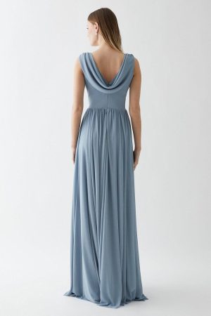 Cowl Back Stretch Mesh Full Skirted Bridesmaid Maxi Dress