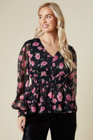 Large Pink Floral Button Front Double Ruffle Chiffon Blouse
