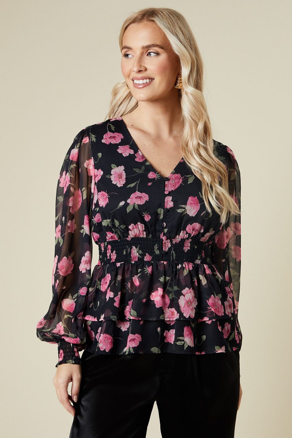 Large Pink Floral Button Front Double Ruffle Chiffon Blouse