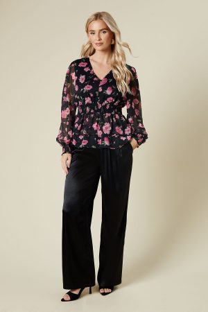 Large Pink Floral Button Front Double Ruffle Chiffon Blouse