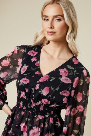 Large Pink Floral Button Front Double Ruffle Chiffon Blouse