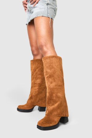 Stacked Heel Fold Over Knee High Boot