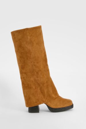 Stacked Heel Fold Over Knee High Boot