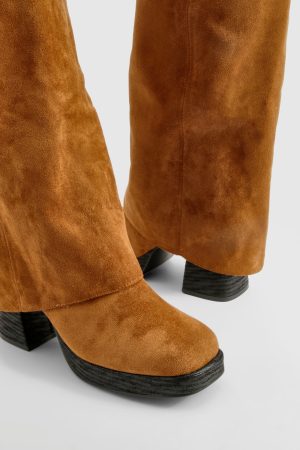 Stacked Heel Fold Over Knee High Boot