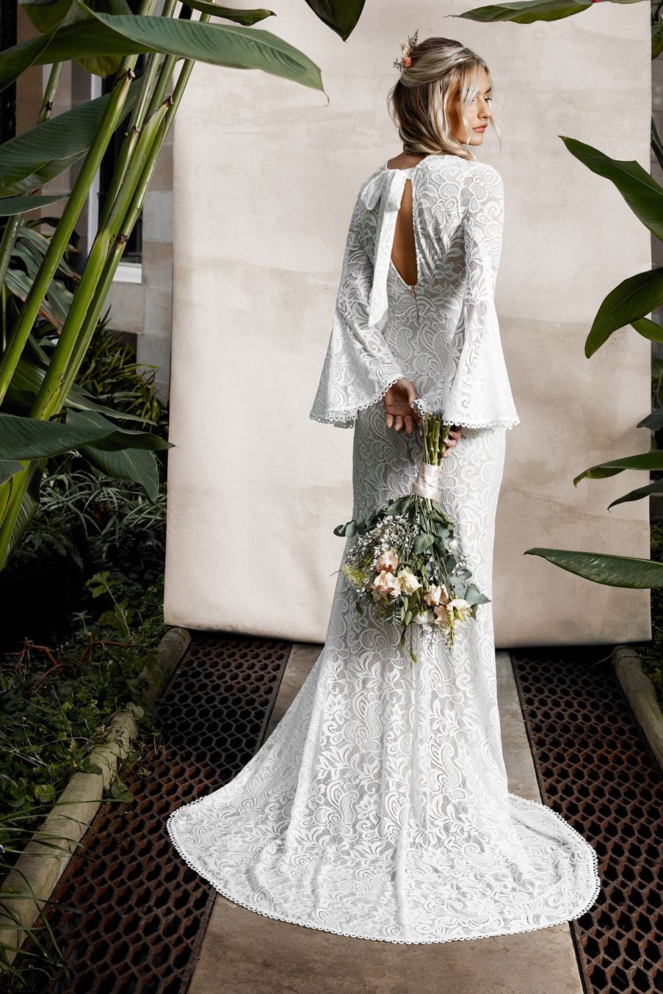 Flare Sleeve Boho Stretch Lace Fishtail Wedding Dress
