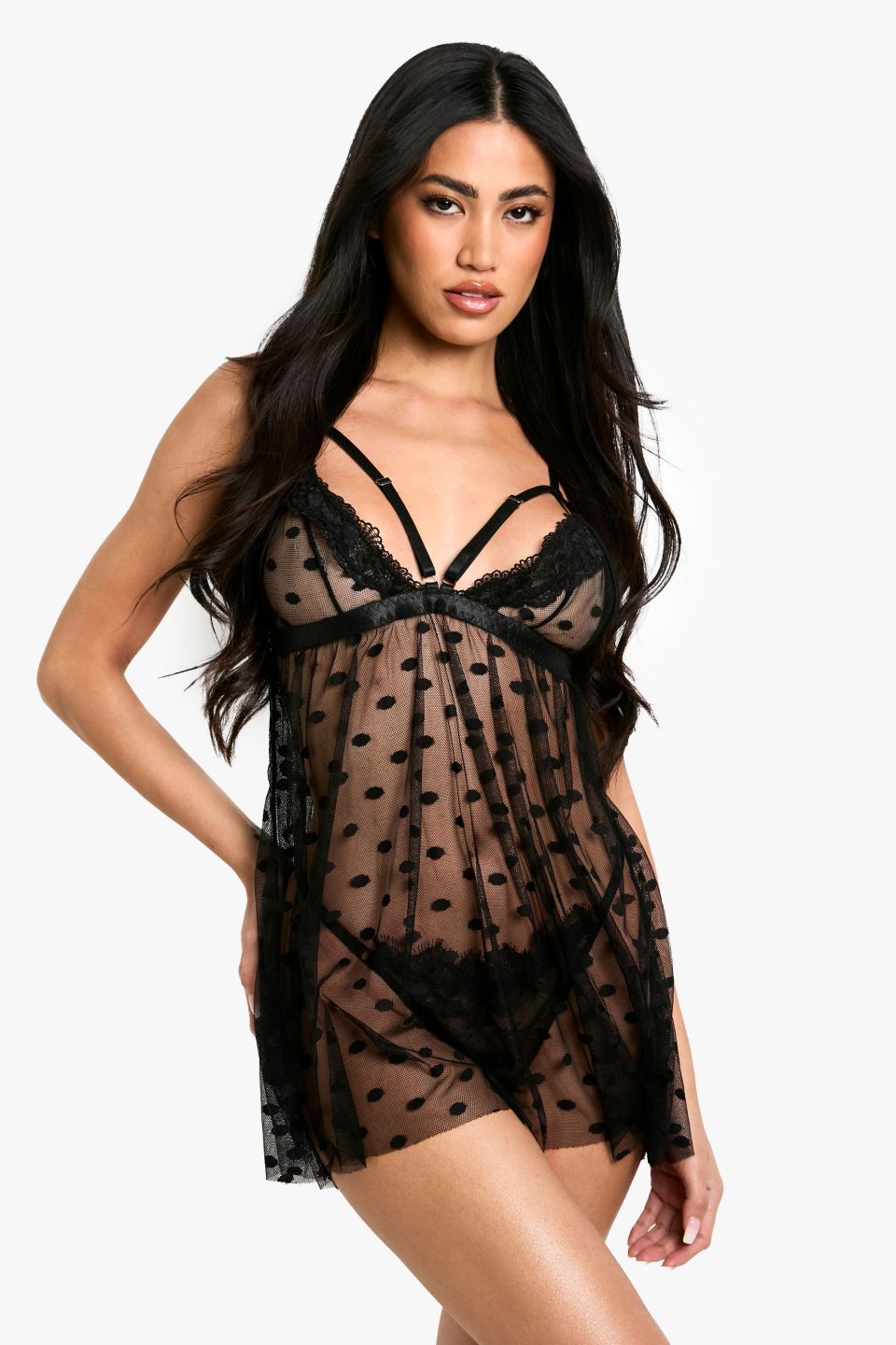 Strap Bust Detail Swiss Dot Mesh Babydoll