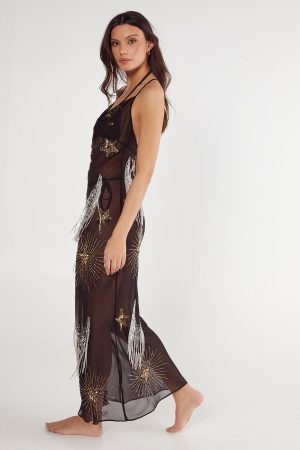 Celestial Embellished Tassel Detail Cowl Maxi Dress