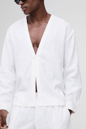 Heavyweight Linen Blend Collarless Long Sleeve Regular Fit Shirt