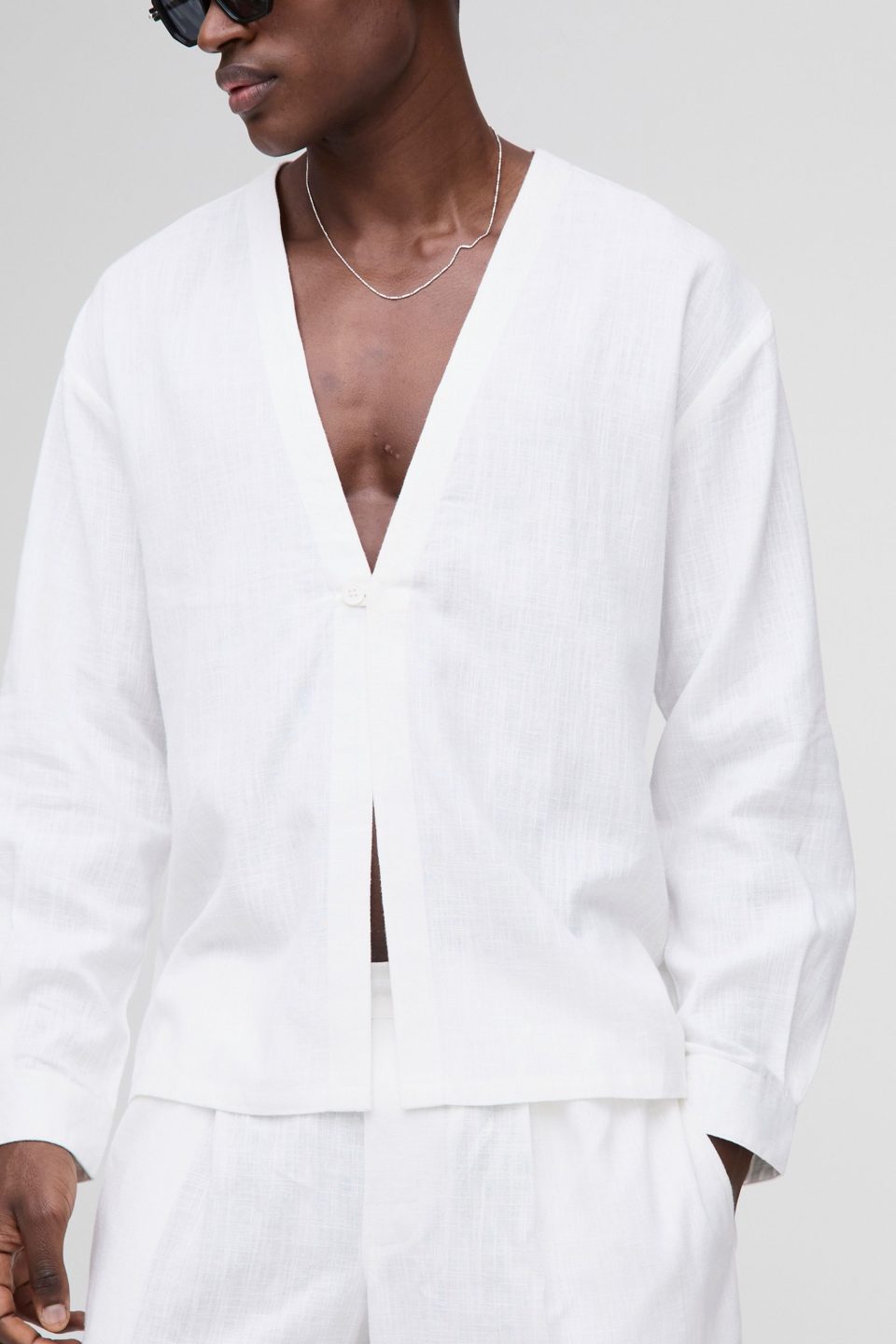 Heavyweight Linen Blend Collarless Long Sleeve Regular Fit Shirt