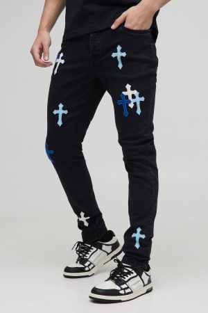 Skinny Fit PU Cross Applique Jeans