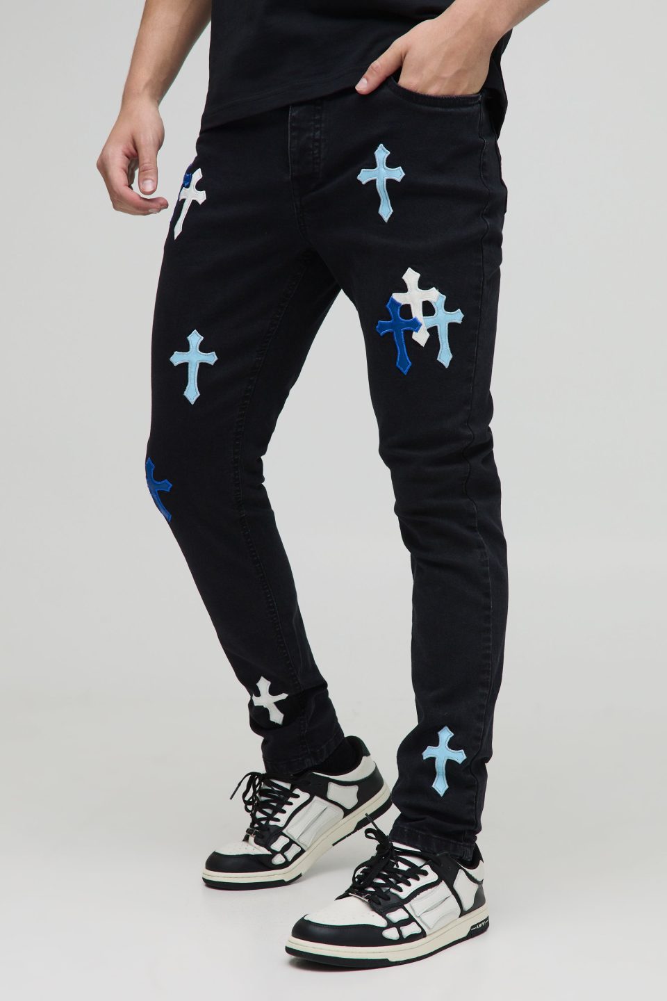 Skinny Fit PU Cross Applique Jeans