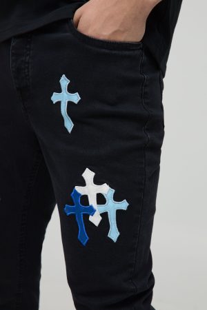 Skinny Fit PU Cross Applique Jeans