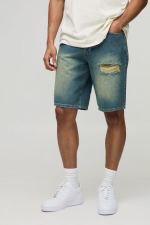 Relaxed Fit Long Length Vintage Blue Ripped Denim Shorts