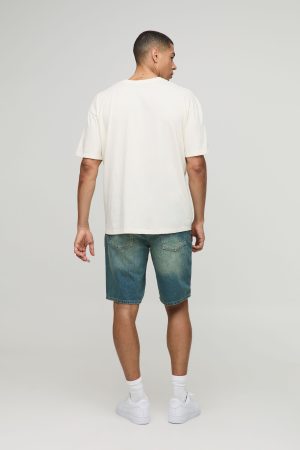 Relaxed Fit Long Length Vintage Blue Ripped Denim Shorts