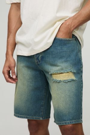 Relaxed Fit Long Length Vintage Blue Ripped Denim Shorts