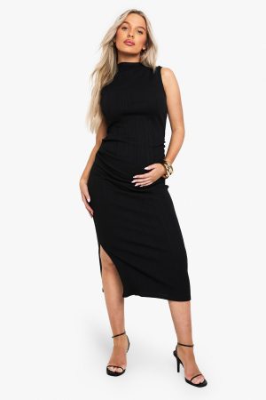 Maternity Rib Grown On Neck Ruched Bodycon