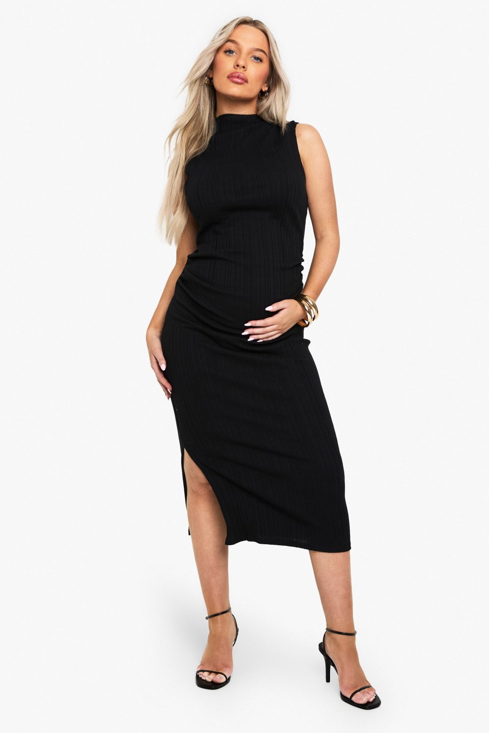 Maternity Rib Grown On Neck Ruched Bodycon